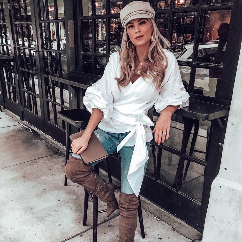 White puff sleeve tie top.